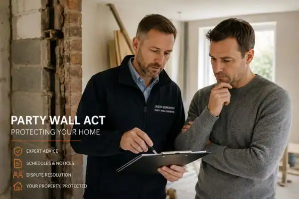 Party wall surveyor Saffron Walden discussing extension plans with homeowner outside a UK semi-detached house.